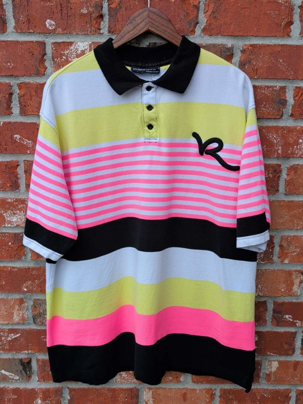 Rocawear Striped Rugby Polo Mens XL Pink Yellow Black Colorblock 90s Style